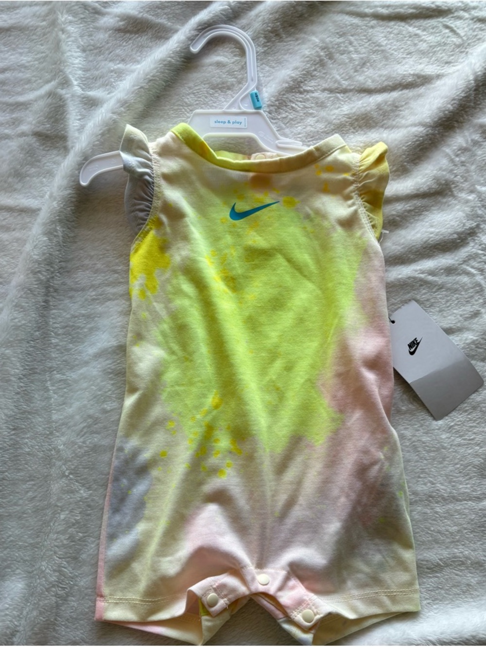 Nike Girls' Neon Yellow Tie-Dye Tank Romper with Blue Swoosh